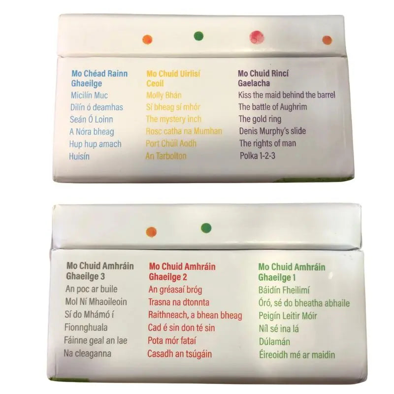 The Mini Gramophone Box Set includes two small cards listing traditional Irish songs in both Irish and English, divided by colored categories, each designed to look like a mini record player display featuring classic Irish music titles.