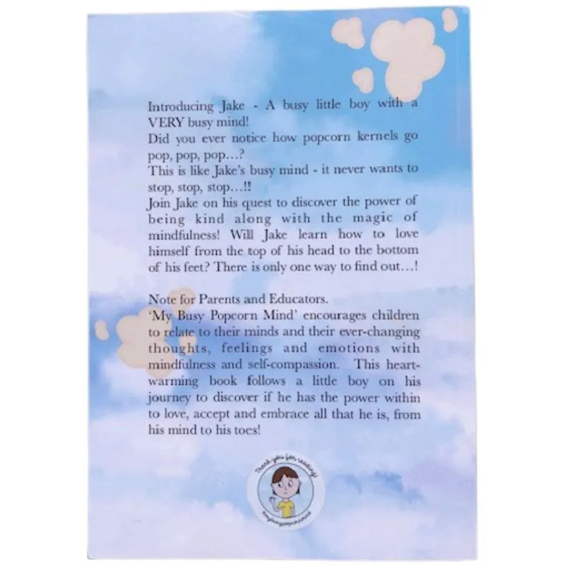 Book cover with a blue sky and white clouds background. The text introduces a children's book titled "My Busy Popcorn Mind," focusing on mindfulness, self-compassion, and emotions for kids. An illustrated boy in the bottom-center of the cover is shown floating on a cloud.