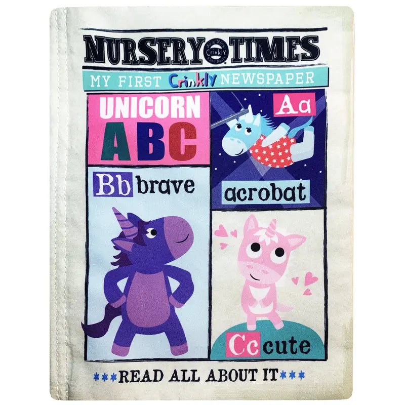The Crinkly Cloth Book Unicorns features a crinkly cover with colorful unicorns and ABCs—Aa for acrobat, Bb for brave, Cc for cute. A fun and vibrant first book, it makes a perfect baby gift!.