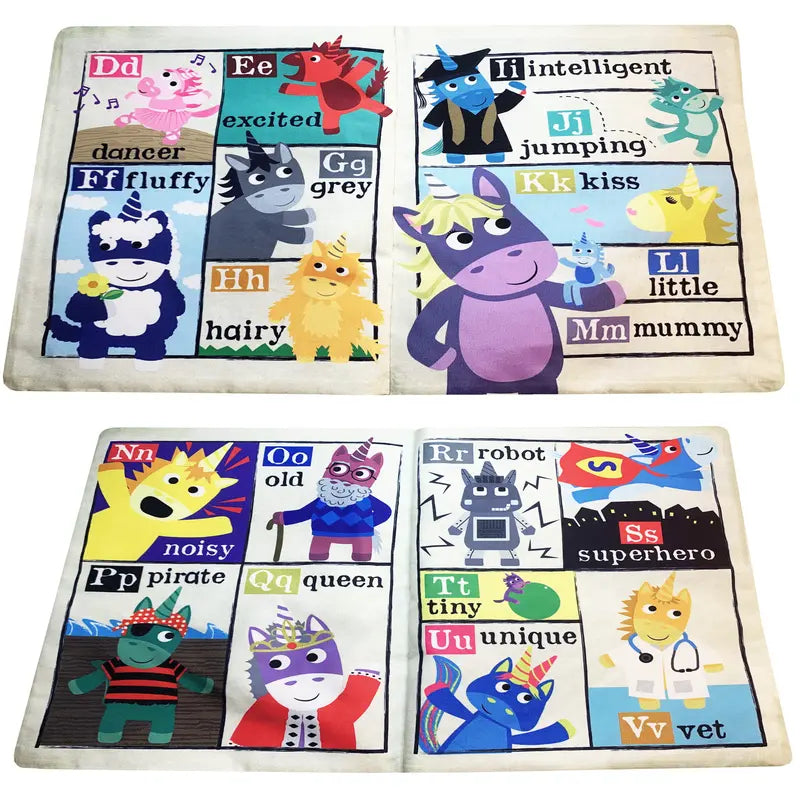 The Crinkly Cloth Book Unicorns is a vibrant cloth book for children featuring illustrated unicorns and fun words like "dancer," "fluffy," "jumping," and "pirate"—a playful and educational baby gift.