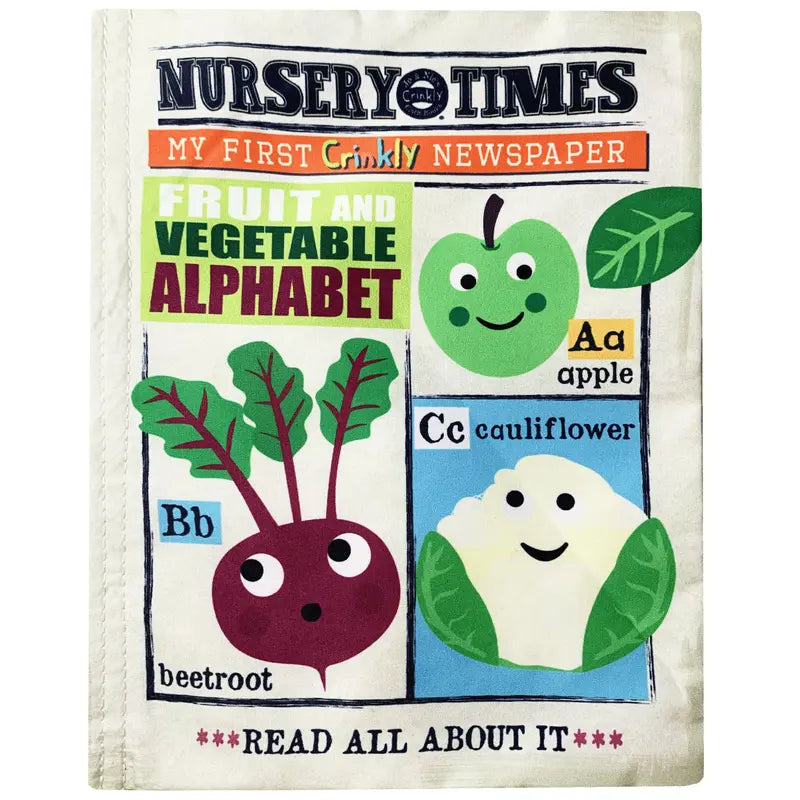 The "Crinkly Cloth Book Fruit & Veg" features a colorful, crinkly cover with smiling cartoon apple, beetroot, and cauliflower images—a perfect first baby book introducing fruit and vegetable themes.