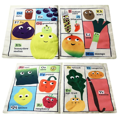 The Crinkly Cloth Book Fruit & Veg is a colorful baby alphabet book with smiling, labeled fruits and veggies like date, elderberry, fig, gooseberry, jalapeño, kiwi, and more—all in a fun crinkly cloth format.