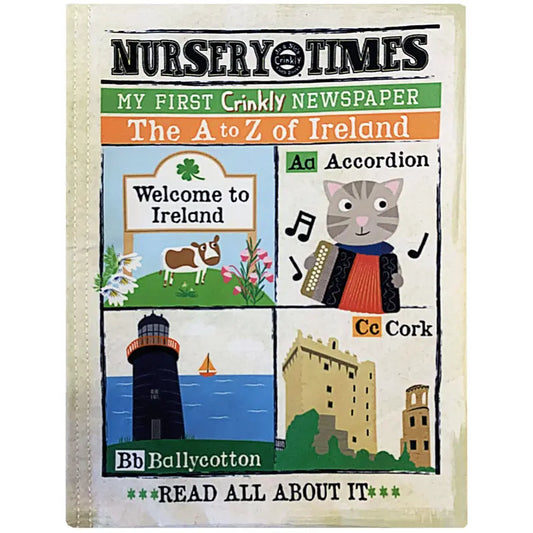 The Crinkly Cloth Book Ireland features a colorful children’s cover with Irish icons—a deer, an accordion-playing cat, Cork Castle, and Ballycotton lighthouse—alongside playful text and musical notes, inspired by Ireland’s famous landmarks.
