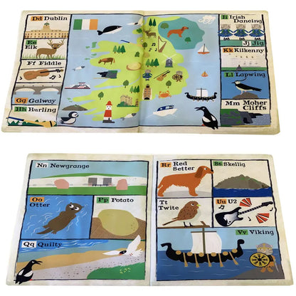 Crinkly Cloth Book Ireland is a colorful illustrated map with icons of cities, animals, music, and food. Features words like Dublin, Irish Dancing, Galway, Cliffs, Potato, and Viking—perfect as a baby gift.