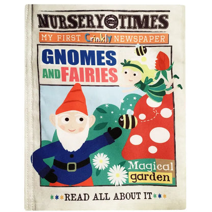 The Crinkly Cloth Book Gnomes and Fairies is a colorful, crinkly baby book featuring gnomes, fairies, bees, flowers, and a red mushroom, inviting little ones to discover its magical garden.