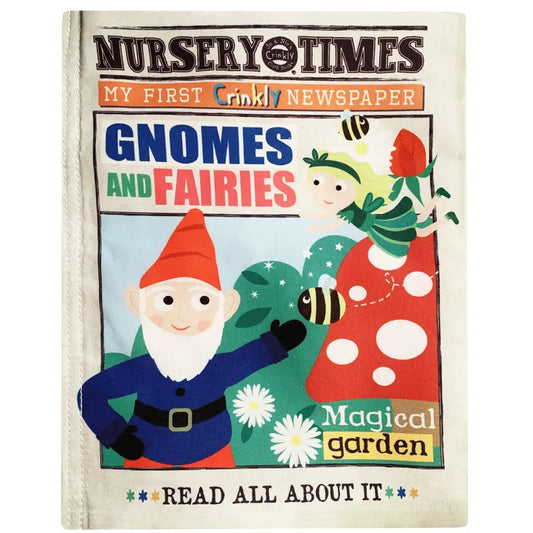 The Crinkly Cloth Book Gnomes and Fairies is a colorful, crinkly baby book featuring gnomes, fairies, bees, flowers, and a red mushroom, inviting little ones to discover its magical garden.