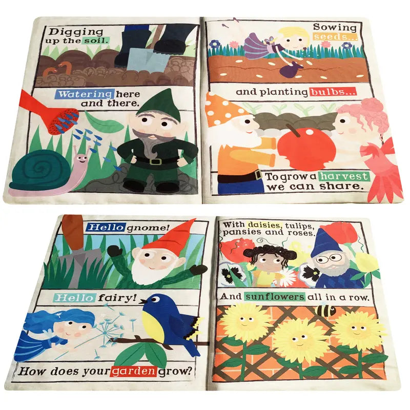 The Crinkly Cloth Book Gnomes and Fairies features four illustrated pages with gnomes, fairies, and animals gardening among sunflowers, tulips, and pansies on colorful backgrounds with playful text.