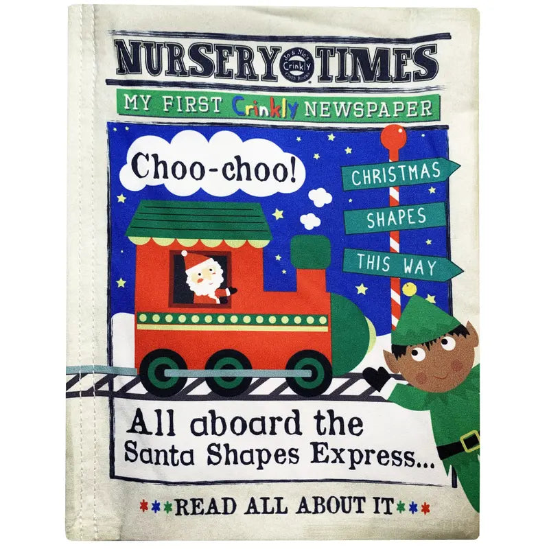 The Crinkly Cloth Book Christmas Shapes features a vibrant cover with Santa on his Express train, an elf, snowy night sky, and signs for "Christmas" and "Shapes." This soft book makes a perfect Christmas gift for babies.