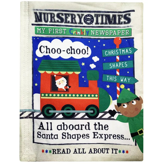 The Crinkly Cloth Book Christmas Shapes features a vibrant cover with Santa on his Express train, an elf, snowy night sky, and signs for "Christmas" and "Shapes." This soft book makes a perfect Christmas gift for babies.