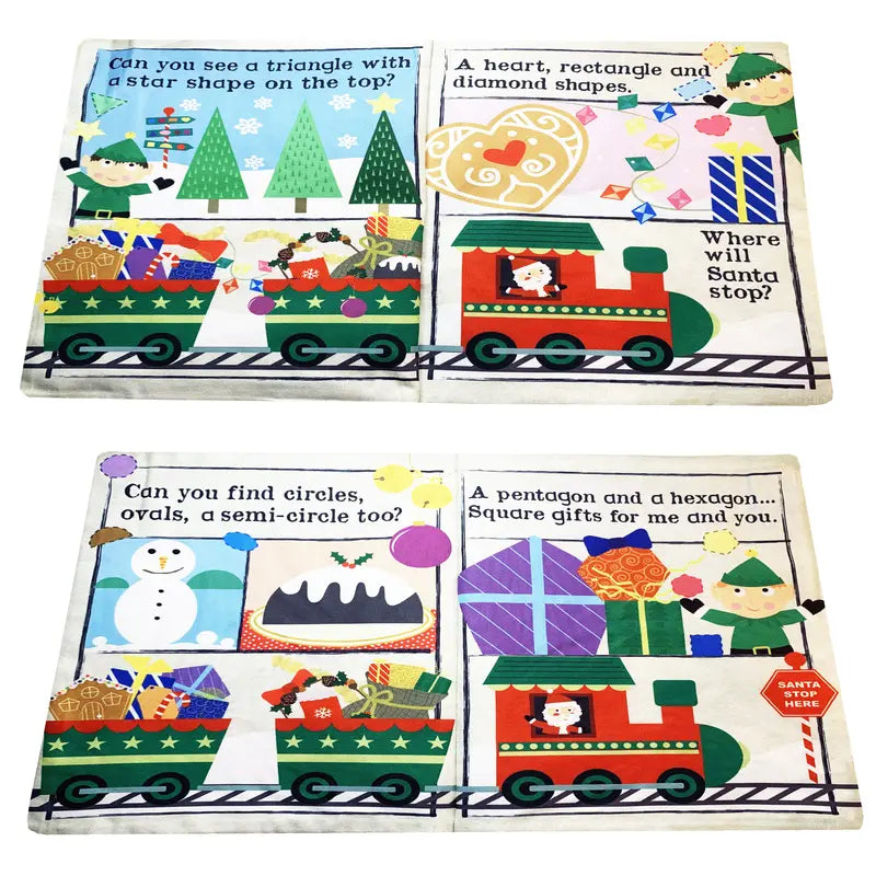 The Crinkly Cloth Book Christmas Shapes is an illustrated cloth book featuring Santa’s train packed with gifts and festive shapes. Kids can spot stars, hearts, and more—making it a perfect Christmas gift for babies.