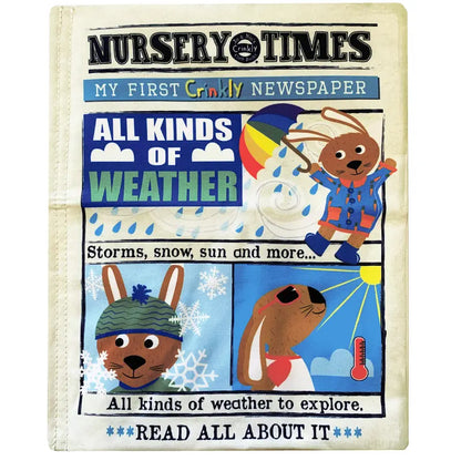 The Crinkly Cloth Book All Kinds Of Weather features a newspaper-style cover with cartoon rabbits enjoying rain and snow, plus playful text like “All Kinds of Weather”—a delightful sensory weather book for babies!.