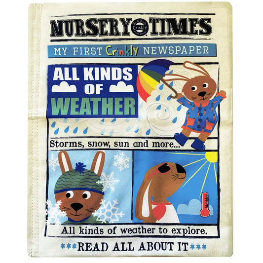 The Crinkly Cloth Book All Kinds Of Weather features a newspaper-style cover with cartoon rabbits enjoying rain and snow, plus playful text like “All Kinds of Weather”—a delightful sensory weather book for babies!.