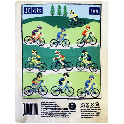 An illustration from the Crinkly Cloth Book Count To 10 In French shows ten paired cyclists on a winding road with trees and hills, plus "10," "dix," and "ten" at the top—ideal for a French counting book or a unique baby gift.