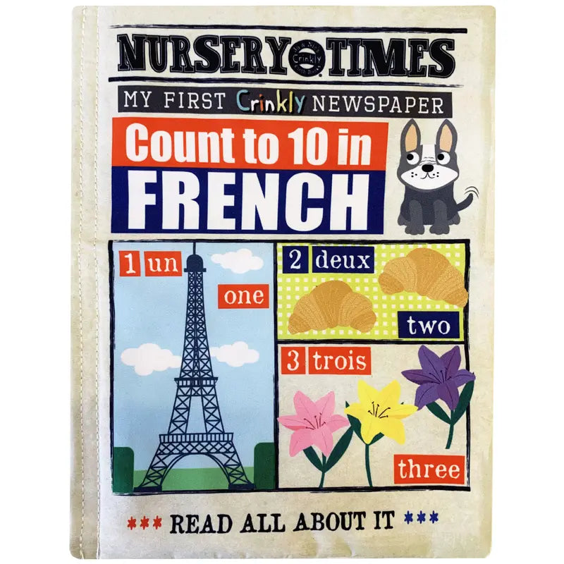 The "Crinkly Cloth Book Count To 10 In French" features colorful illustrations of the Eiffel Tower, croissants, flowers, and a cartoon dog—making it an ideal French counting book gift for babies.