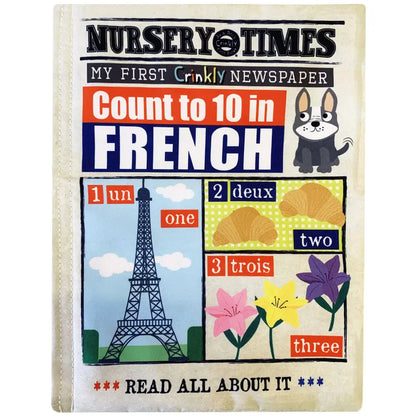 The "Crinkly Cloth Book Count To 10 In French" features colorful illustrations of the Eiffel Tower, croissants, flowers, and a cartoon dog—making it an ideal French counting book gift for babies.