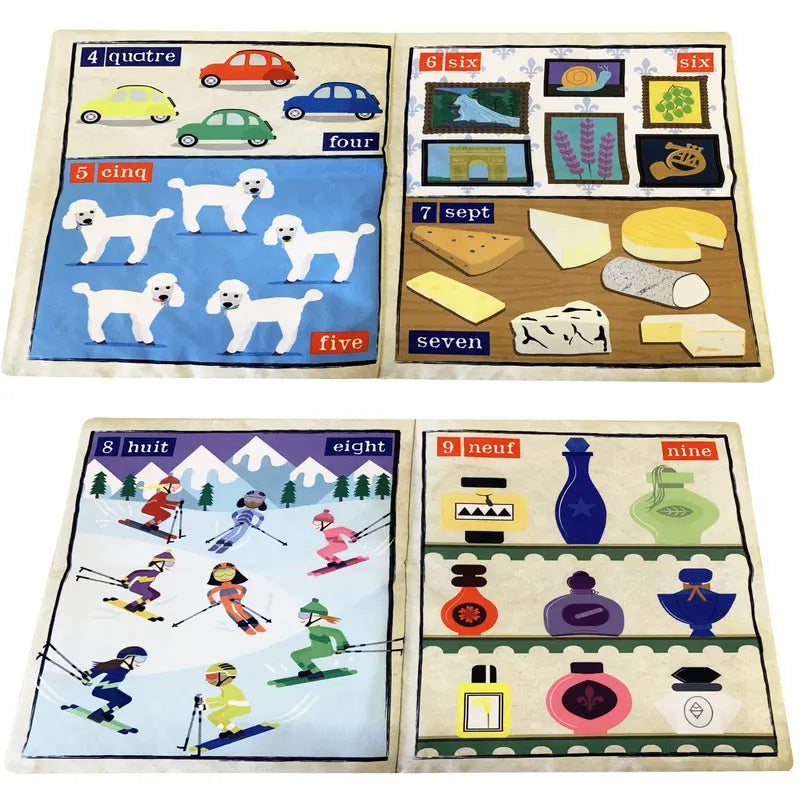 The Crinkly Cloth Book Count To 10 In French features numbers 4 to 9 in French and English, with cars, poodles, and more—grouped by number—a colorful, charming crinkly cloth book that makes a perfect baby gift.