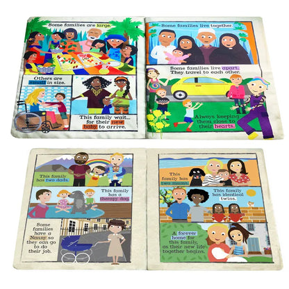 Crinkly Cloth Book What Makes A Family is a colorful children's book celebrating all types of families—big or small, living together or apart, with babies, twins, or pets—making it a perfect birth present.
