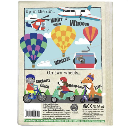 The Crinkly Cloth Book Noisy Vehicles features illustrated noisy vehicles—plane, helicopter, hot air balloons, cable car—and animals on bikes. Fun sound effects like "Whoosh" and "Beep-beep." A perfect birth present!.