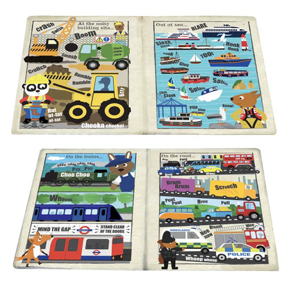 Crinkly Cloth Book Noisy Vehicles features cartoon animals driving vehicles like bulldozers, trains, and fire trucks in vibrant scenes. This playful, crinkly book with sound words makes a perfect birth present!.