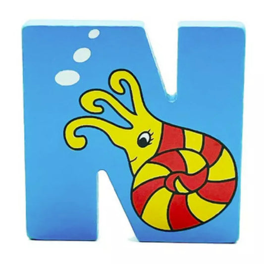 The Wooden Letter Animal - N is painted with an image of a snail.