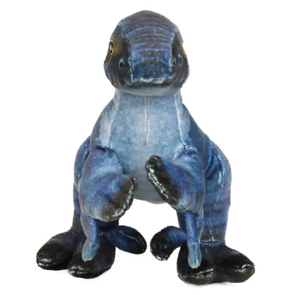 The Natural History Museum Small Velociraptor Soft Toy is a blue and black plush with big eyes, short front arms, and a long tail—ideal for dinosaur collections or as a cute museum souvenir.