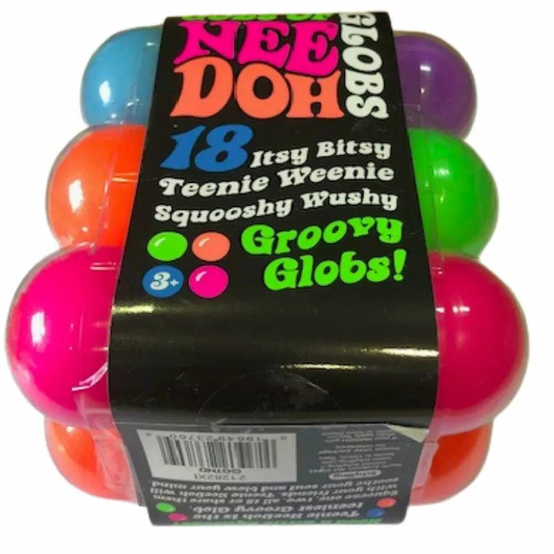 A colorful pack of Gobs of Globs Needoh fidget toy groovy globs featuring 18 small stress balls in clear plastic capsules. The packaging has vibrant text highlighting the product's features made from non-to