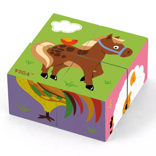 A game featuring farm creatures, where players must solve puzzles involving the Cube Puzzle Farm Animals with a horse, chicken and rooster on it.