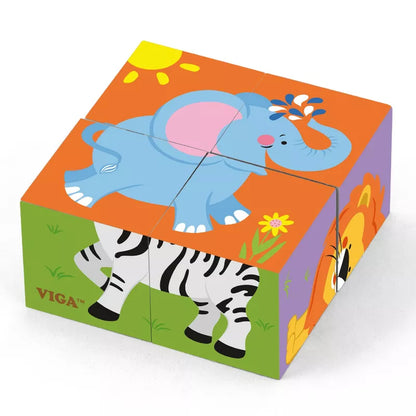 A Cube Puzzle Wild Animals for toddlers with a zebra, elephant, and giraffe on it.