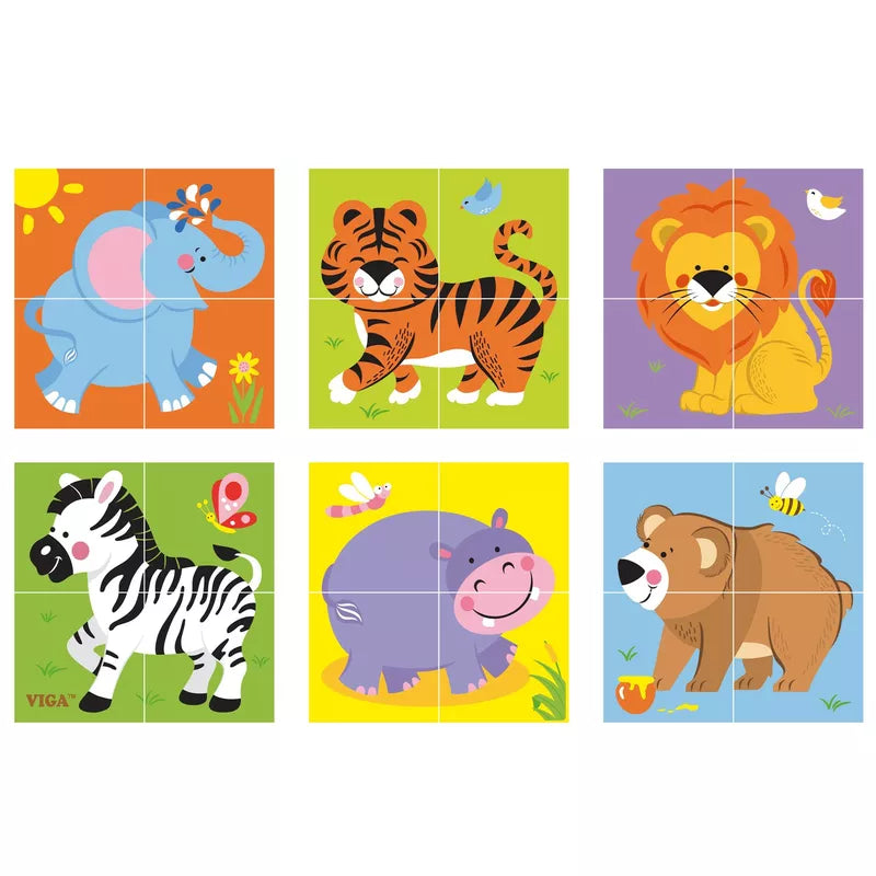 A Cube Puzzle Wild Animals designed as a game for toddlers, with different animals on them.