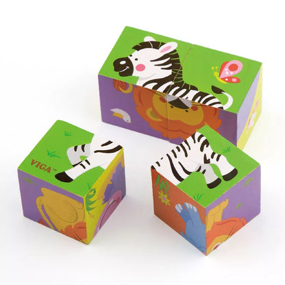 Three Cube Puzzle Wild Animals with zebras and giraffes on them, designed for toddlers.