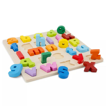 A New Classic Toys Alphabet Puzzle Lowercase made of wood with letters and numbers on it.