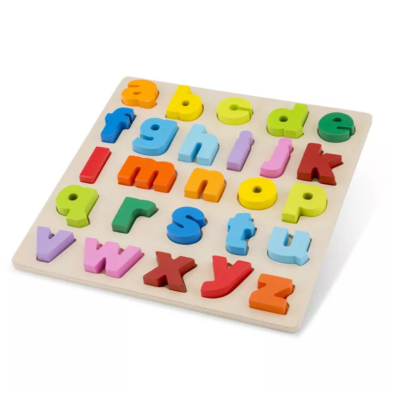 a wooden toy with letters and numbers on it.
