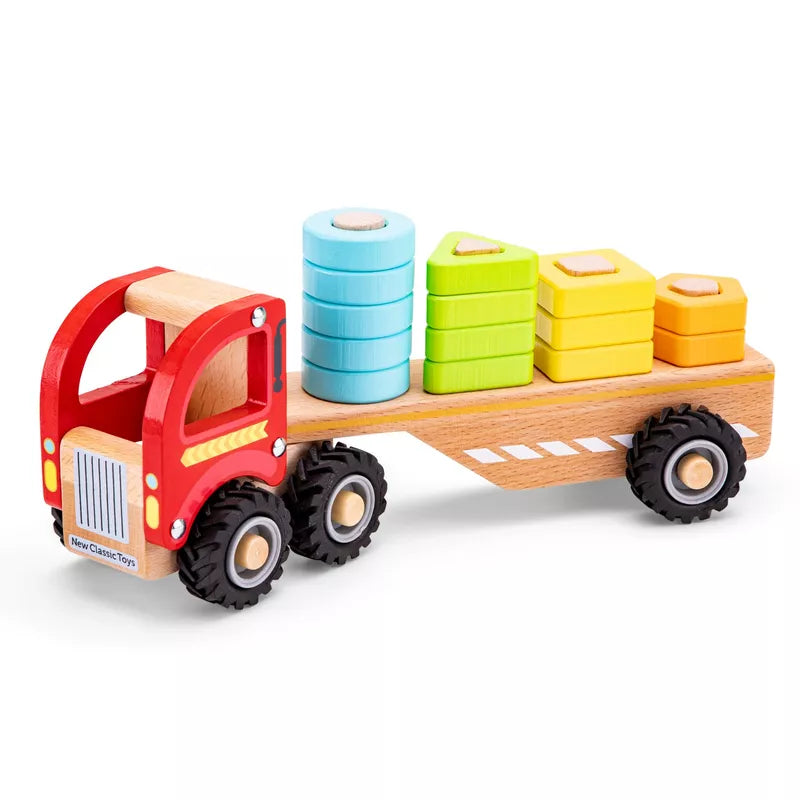 New Classic Toys Wooden Truck with Shapes carrying a stack of blocks.