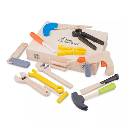 A New Classic Toys Tool box 12 pieces with tools in it.