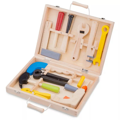A New Classic Toys Tool box 12 pieces filled with different types of tools.