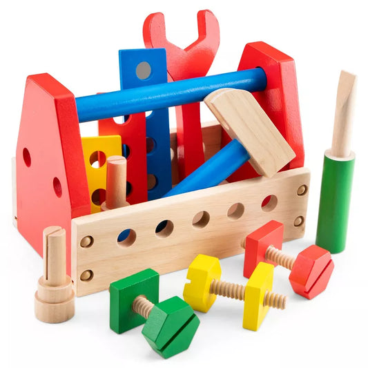 A New Classic Toys Tool Kit with a hammer, pegs, and wooden blocks.