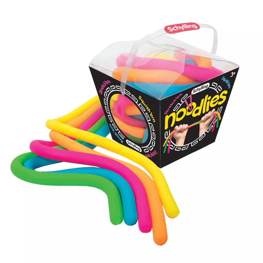 A clear plastic container with a handle containing colorful, flexible foam pool noodles in neon pink, yellow, green, and orange. The packaging is labeled "Noodlies Needoh