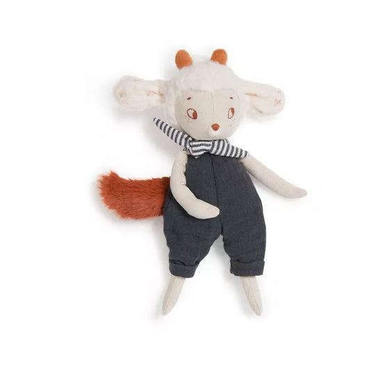 Moulin Roty Nuage the Sheep, a stuffed animal with a striped shirt and pants.