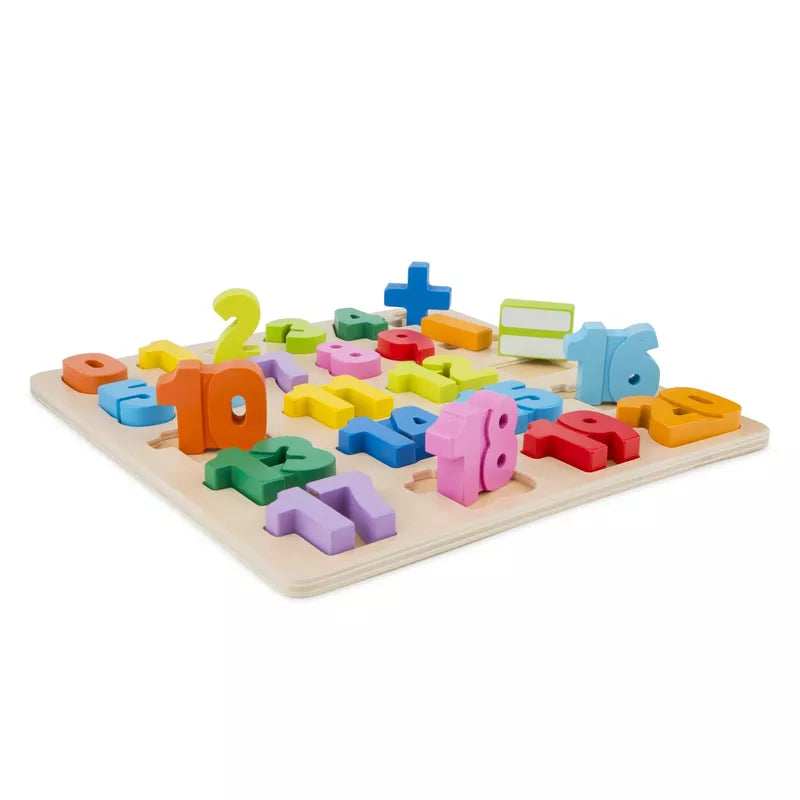 A New Classic Toys Number Puzzle made of wood with letters and numbers on it.