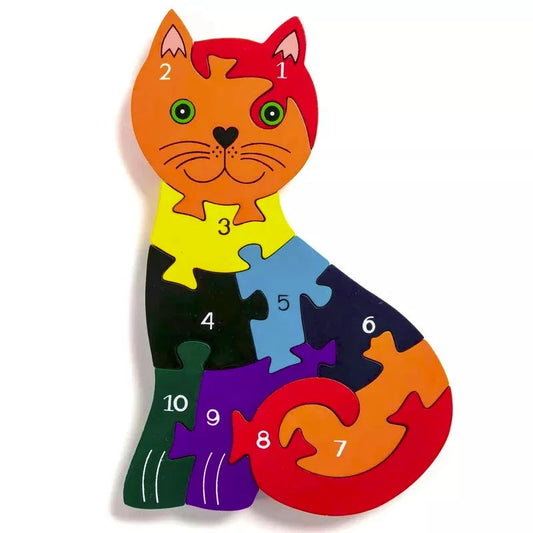 A wooden jigsaw in the shape of a  Cat. Each piece has a different colour and number on it.