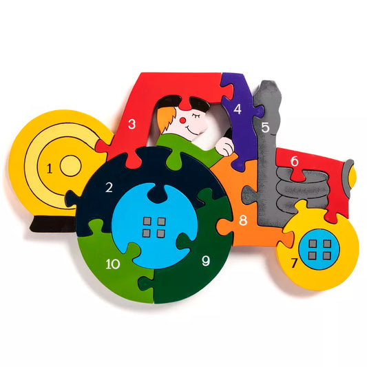 A wooden jigsaw in the shape of a  Tractor. Each piece has a different colour and number on it.