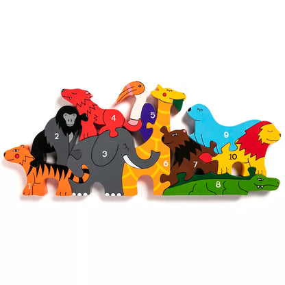 A wooden jigsaw in the shape of a  Zoo. Each piece has a different colour and number on it.