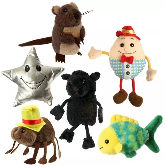 A set of 6 Nursery Rhymes Finger Puppets, a Fish, Mouse, Twinkle Twinkle Little Star, Incy Wincy Spider , Black sheep and Humpty Dumpty Sized for children or adults’ fingers with a soft padded body.