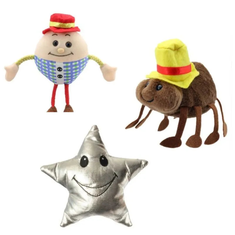 Three stuffed toys—Nursery Rhymes Finger Puppets Pack of 3—perfect for nursery rhymes and vocabulary building.