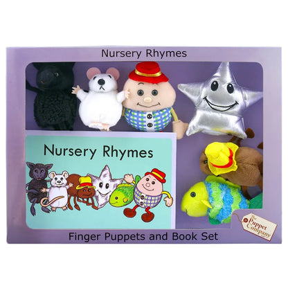 Explore the magical realm of storytelling with The Puppet Company Finger Puppet Story Set Nursery Rhymes. This purple box includes a captivating book and adorable finger puppets, such as a black sheep, white mouse, farmer in a hat, silver star, white duck, and green fish—perfect for limitless imaginative story adventures.