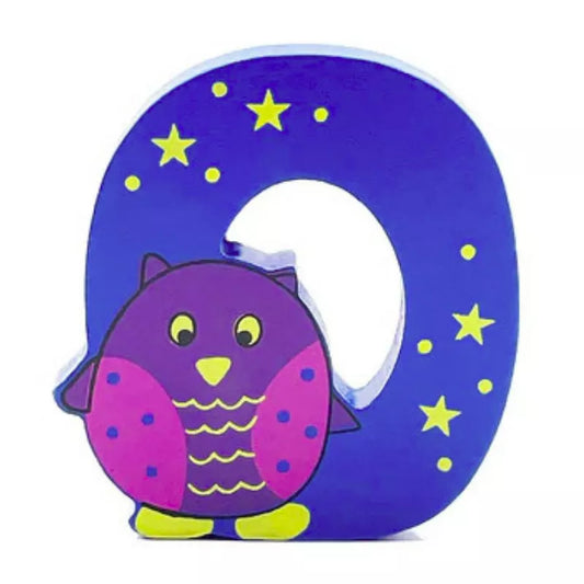 A Wooden Letter Animal – O with a purple owl sitting on top of it.