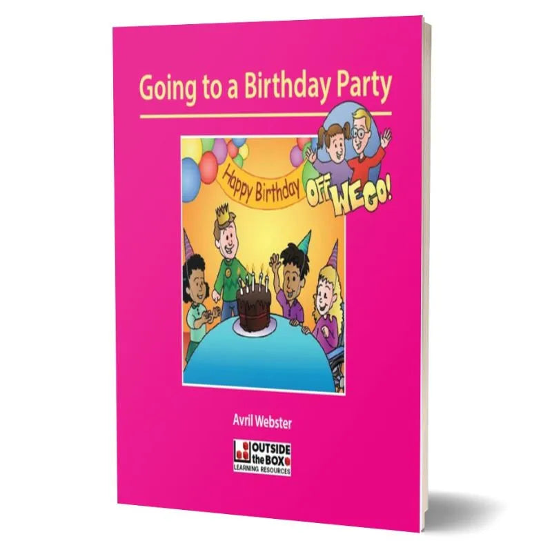 Here's a revised version of the sentence using the provided product data:

"Off We Go! Social Storybook: Going to a Birthday Party" by Avril Webster is a bright pink children's book ideal as a social storybook for children with autism. The cover illustration features a diverse group of kids celebrating with a birthday cake, balloons, and a "Happy Birthday" banner. This book is part of the "Off We Go!" series.