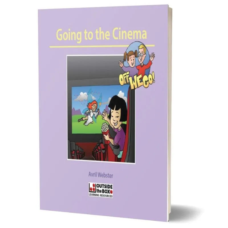 The book titled "Off we go! Social Storybook: Going to the Cinema" by Avril Webster features a light purple cover with an illustration of a person in a cinema eating popcorn, watching a scene with a fairy and rainbow on the screen. This children's social storybook serves as an autism learning resource and includes the logo "Outside the Box Learning Resources" at the bottom.