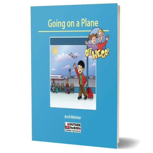 The cover of the social storybook titled "Off we go! Social Storybook: Going on a Plane" by Avril Webster features an illustration of a boy with a red suitcase walking inside an airport, with a plane visible outside a window. Additionally, it includes the text "Off We Go!" accompanied by an image of two happy children with autism.