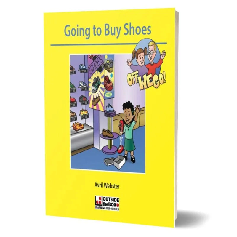 The image shows a yellow book titled "Off we go! Social Storybook: Going to Buy Shoes" by Avril Webster, featuring a cartoon cover. This social storybook's illustration depicts a child in a shoe store trying on shoes, with two people in the background above a sign that says "OFF WE GO!". Ideal for early learning and children with autism.